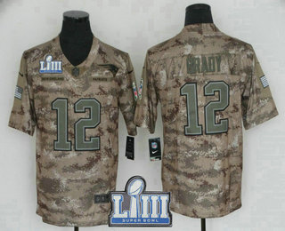 Men's New England Patriots #12 Tom Brady 2019 Super Bowl LIII Patch Camo Salute to Service Stitched NFL Nike Limited Jersey