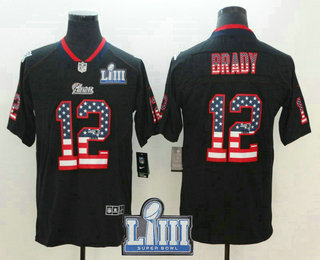 Men's New England Patriots #12 Tom Brady 2019 Super Bowl LIII Patch USA Flag Fashion Black Color Rush Stitched Nike Limited Jersey