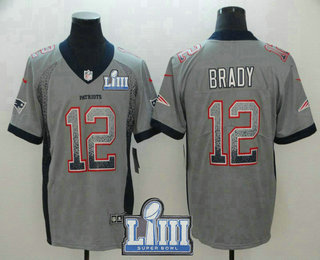 Men's New England Patriots #12 Tom Brady Grey 2019 Super Bowl LIII Patch Fashion Drift Color Rush Stitched NFL Nike Limited Jersey