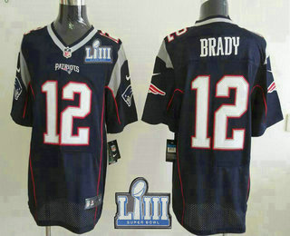 Men's New England Patriots #12 Tom Brady NEW Navy Blue 2019 Super Bowl LIII Patch Team Color Stitched NFL Nike Elite Jersey