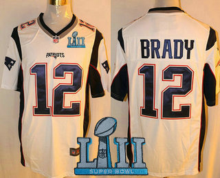 Men's New England Patriots #12 Tom Brady NEW White Road Stitched 2018 Super Bowl LII Patch NFL Nike Game Jersey