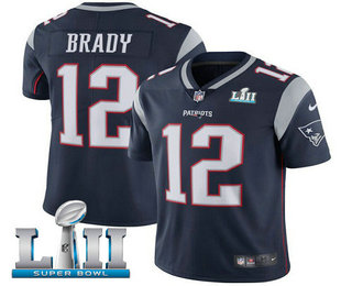 Men's New England Patriots #12 Tom Brady Navy Blue 2018 Super Bowl LII Patch Vapor Untouchable Stitched NFL Nike Limited Jersey