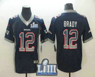 Men's New England Patriots #12 Tom Brady Navy Blue 2019 Super Bowl LIII Patch Fashion Drift Color Rush Stitched NFL Nike Limited Jersey