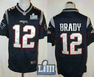 Men's New England Patriots #12 Tom Brady Navy Blue 2019 Super Bowl LIII Patch Team Color NFL Nike Game Jersey