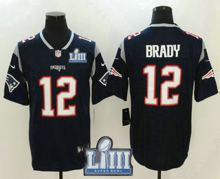 Men's New England Patriots #12 Tom Brady Navy Blue 2019 Super Bowl LIII Patch Vapor Untouchable Stitched NFL Nike Limited Jersey