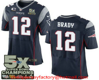 Men's New England Patriots #12 Tom Brady Navy Blue C Patch Five Super Bowl Champs 5X Champions Stitched NFL Nike Elite Jersey