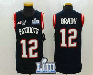 Men's New England Patriots #12 Tom Brady Navy Blue Color Rush 2019 Super Bowl LIII Patch Vest Stitched NFL Nike Tank Top Jersey