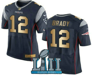 Men's New England Patriots #12 Tom Brady Navy Blue With Gold 2018 Super Bowl LII Patch Stitched NFL Nike Elite Jersey