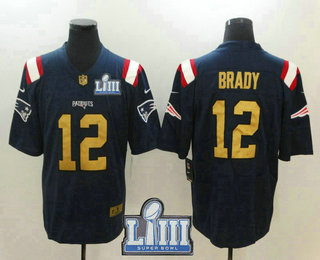 Men's New England Patriots #12 Tom Brady Navy Blue With Gold 2019 Super Bowl LIII Patch Color Rush Stitched NFL Nike Limited Jersey