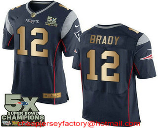 Men's New England Patriots #12 Tom Brady Navy Blue with Gold Five Super Bowl Champs 5X Champions Stitched NFL Nike Limited Jersey