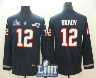 Men's New England Patriots #12 Tom Brady Nike Navy 2019 Super Bowl LIII Patch Therma Long Sleeve Limited Jersey