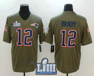 Men's New England Patriots #12 Tom Brady Olive 2019 Super Bowl LIII Patch Salute To Service Stitched NFL Nike Limited Jersey