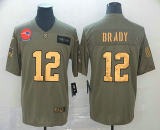Men's New England Patriots #12 Tom Brady Olive Gold 2019 Salute To Service Stitched NFL Nike Limited Jersey