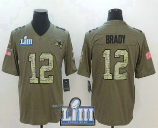 Men's New England Patriots #12 Tom Brady Olive With Camo 2019 Super Bowl LIII Patch Salute To Service Stitched NFL Nike Limited Jersey