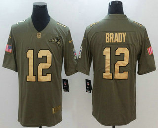 Men's New England Patriots #12 Tom Brady Olive with Gold 2017 Salute To Service Stitched NFL Nike Limited Jersey