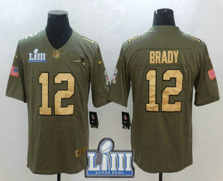 Men's New England Patriots #12 Tom Brady Olive with Gold 2019 Super Bowl LIII Patch Salute To Service Stitched NFL Nike Limited Jersey