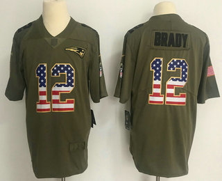 Men's New England Patriots #12 Tom Brady Olive with USA Flag 2017 Salute To Service Stitched NFL Nike Limited Jersey