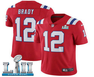 Men's New England Patriots #12 Tom Brady Red 2018 Super Bowl LII Patch Vapor Untouchable Stitched NFL Nike Limited Jersey