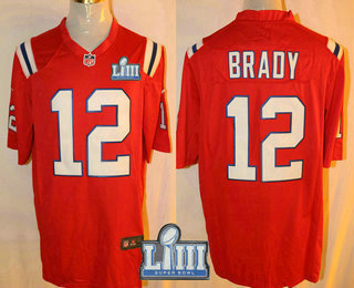 Men's New England Patriots #12 Tom Brady Red 2019 Super Bowl LIII Patch NFL Nike Game Jersey