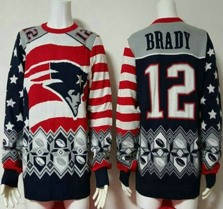 Men's New England Patriots #12 Tom Brady Red With Navy Blue NFL Sweater