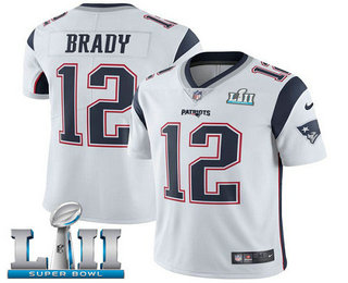 Men's New England Patriots #12 Tom Brady White 2018 Super Bowl LII Patch Vapor Untouchable Stitched NFL Nike Limited Jersey