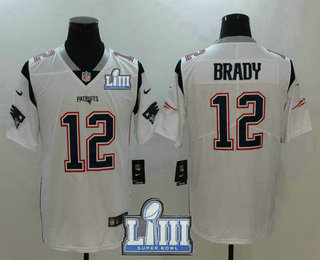 Men's New England Patriots #12 Tom Brady White 2019 Super Bowl LIII Patch Vapor Untouchable Stitched NFL Nike Limited Jersey