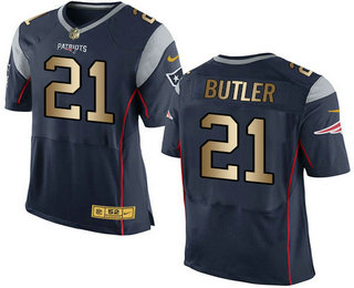 Men's New England Patriots #21 Malcolm Butler Navy Blue With Gold Stitched NFL Nike Elite Jersey