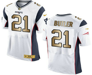 Men's New England Patriots #21 Malcolm Butler White With Gold Stitched NFL Nike Elite Jersey
