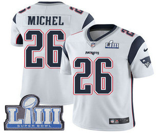 Men's New England Patriots #26 Sony Michel White 2019 Super Bowl LIII Patch Vapor Untouchable Stitched NFL Nike Limited Jersey