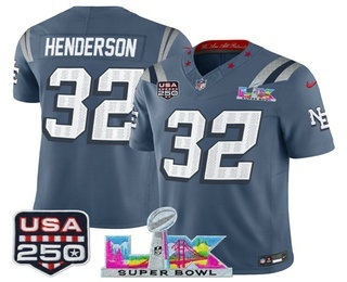 Men's New England Patriots #32 TreVeyon Henderson Blue FUSE Super Bowl LX USA 250 Patch Rivalries Vapor Limited Jersey