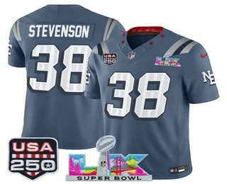Men's New England Patriots #38 Rhamondre Stevenson Blue FUSE Super Bowl LX USA 250 Patch Rivalries Vapor Limited Jersey