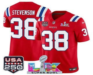 Men's New England Patriots #38 Rhamondre Stevenson Red FUSE Super Bowl LX USA 250 Patch Vapor Limited Jersey
