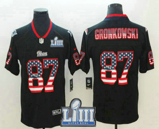 Men's New England Patriots #87 Rob Gronkowski 2019 Super Bowl LIII Patch USA Flag Fashion Black Color Rush Stitched Nike Limited Jersey