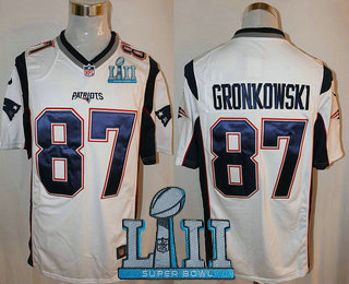 Men's New England Patriots #87 Rob Gronkowski NEW White Road 2018 Super Bowl LII Patch Stitched NFL Nike Game Jersey