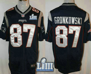 Men's New England Patriots #87 Rob Gronkowski Navy Blue 2019 Super Bowl LIII Patch Team Color NFL Nike Game Jersey
