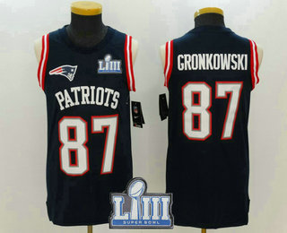 Men's New England Patriots #87 Rob Gronkowski Navy Blue Color Rush 2019 Super Bowl LIII Patch Vest Stitched NFL Nike Tank Top Jersey