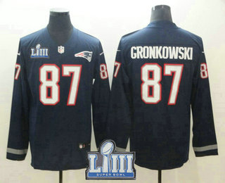 Men's New England Patriots #87 Rob Gronkowski Nike Navy 2019 Super Bowl LIII Patch Therma Long Sleeve Limited Jersey