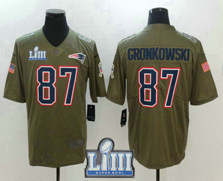 Men's New England Patriots #87 Rob Gronkowski Olive 2019 Super Bowl LIII Patch Salute To Service Stitched NFL Nike Limited Jersey