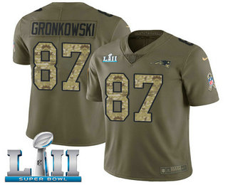Men's New England Patriots #87 Rob Gronkowski Olive With Camo 2018 Super Bowl LII Patch Salute To Service Stitched NFL Nike Limited Jersey