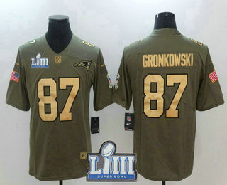 Men's New England Patriots #87 Rob Gronkowski Olive with Gold 2019 Super Bowl LIII Patch Salute To Service Stitched NFL Nike Limited Jersey