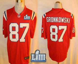 Men's New England Patriots #87 Rob Gronkowski Red 2019 Super Bowl LIII Patch NFL Nike Game Jersey