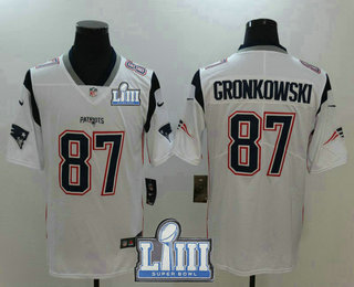 Men's New England Patriots #87 Rob Gronkowski White 2019 Super Bowl LIII Patch Vapor Untouchable Stitched NFL Nike Limited Jersey
