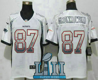 Men's New England Patriots #87 Rob Gronkowski White Drift Stitched 2018 Super Bowl LII Patch NFL Nike Fashion Jersey