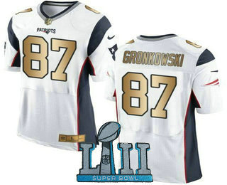 Men's New England Patriots #87 Rob Gronkowski White With Gold 2018 Super Bowl LII Patch Stitched NFL Nike Elite Jersey