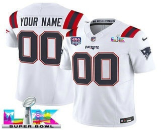 Men's New England Patriots Active Player Custom White FUSE Super Bowl LX USA 250 Patch Vapor Limited Jersey