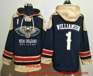 Men's New Orleans Pelicans #1 Zion Williamson Navy Blue Ageless Must Have Lace Up Pullover Hoodie