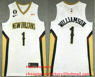 Men's New Orleans Pelicans #1 Zion Williamson White With 6 Patch Stitched Jersey With Sponsor