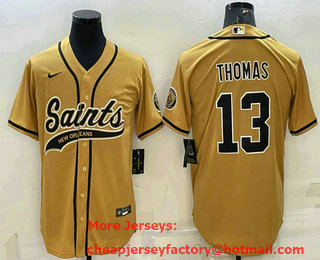 Men's New Orleans Saints #13 Michael Thomas Gold With Patch Cool Base Stitched Baseball Jersey