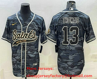 Men's New Orleans Saints #13 Michael Thomas Grey Camo With Patch Cool Base Stitched Baseball Jersey