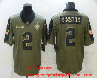 Men's New Orleans Saints #2 Jameis Winston 2021 Olive Salute To Service Limited Stitched Jersey